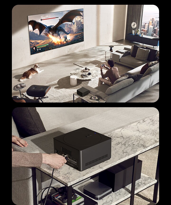 L'une des images montre un homme jouant à un jeu sur son téléviseur LG OLED tandis que son chien est allongé sur le sol dans un espace de vie confortable au décor neutre. Une vue de la ville est visible à travers la fenêtre. Aucun câble n'entoure le téléviseur LG OLED fixé au mur, et le boîtier de connexion sans fil est posé sur une table d'appoint. L'autre image montre la main d'une personne qui connecte un appareil au boîtier Zero Connect Box.