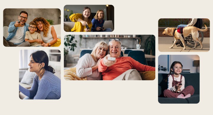 Des grand-parents dirigeant une télécommande vers l’extérieur, puis l’image dézoome puis montrer une grille de sept images de différentes personnes et leur style de vie.