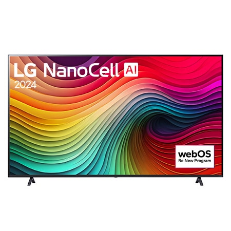 Vue de face du TV LG NanoCell, NANO81 avec le texte LG NanoCell, 2024 et le logo webOS Re:New Program à l’écran.