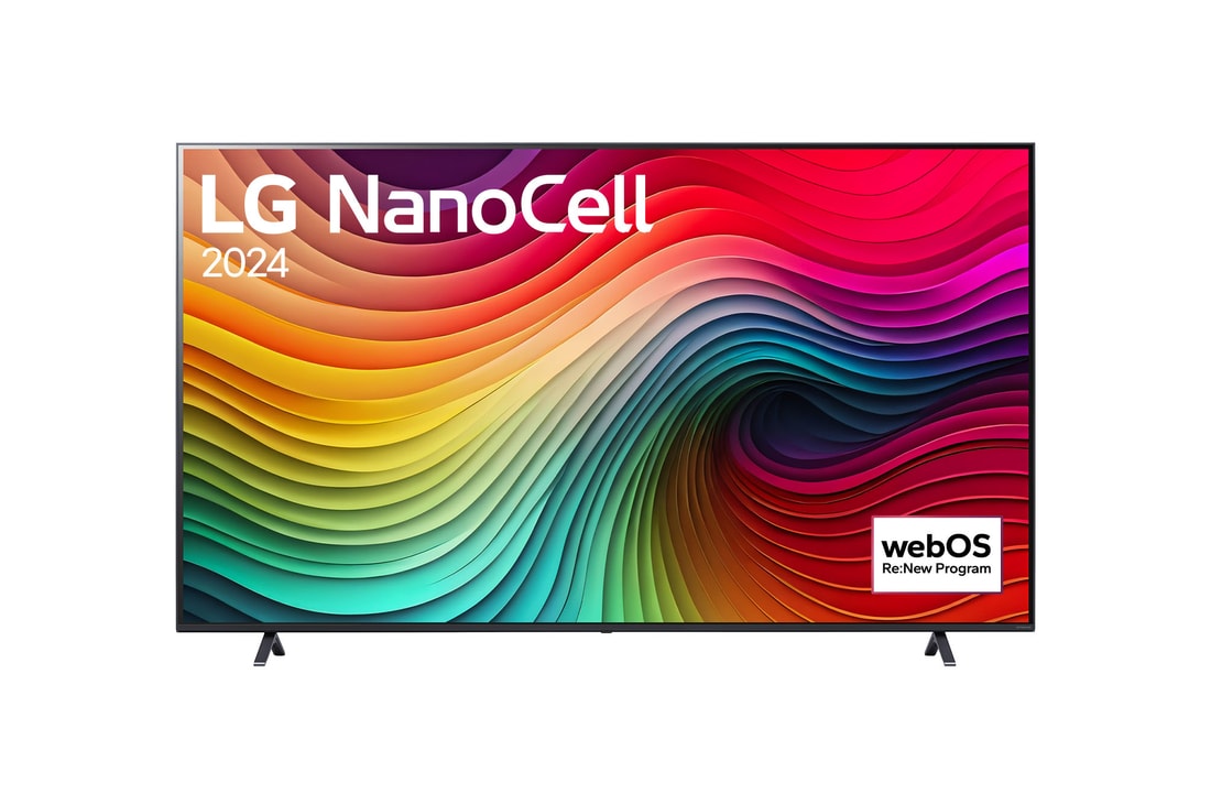 Vue de face du TV LG NanoCell, NANO81 avec le texte LG NanoCell, 2024 et le logo webOS Re:New Program à l’écran.