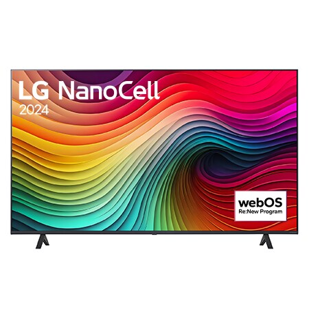 Vue de face du TV LG NanoCell, NANO81 avec le texte LG NanoCell, 2024 et le logo webOS Re:New Program à l’écran.