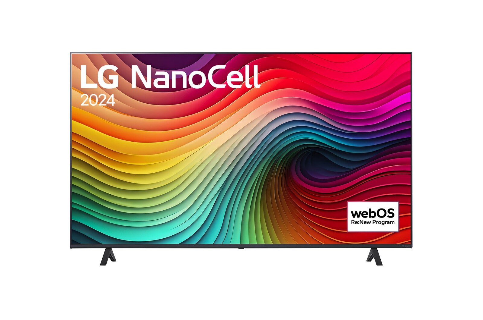 Vue de face du TV LG NanoCell, NANO81 avec le texte LG NanoCell, 2024 et le logo webOS Re:New Program à l’écran.