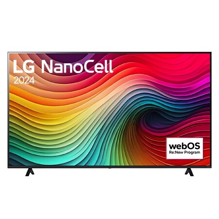 Vue de face du TV LG NanoCell, NANO81 avec le texte LG NanoCell, 2024 et le logo webOS Re:New Program à l’écran.