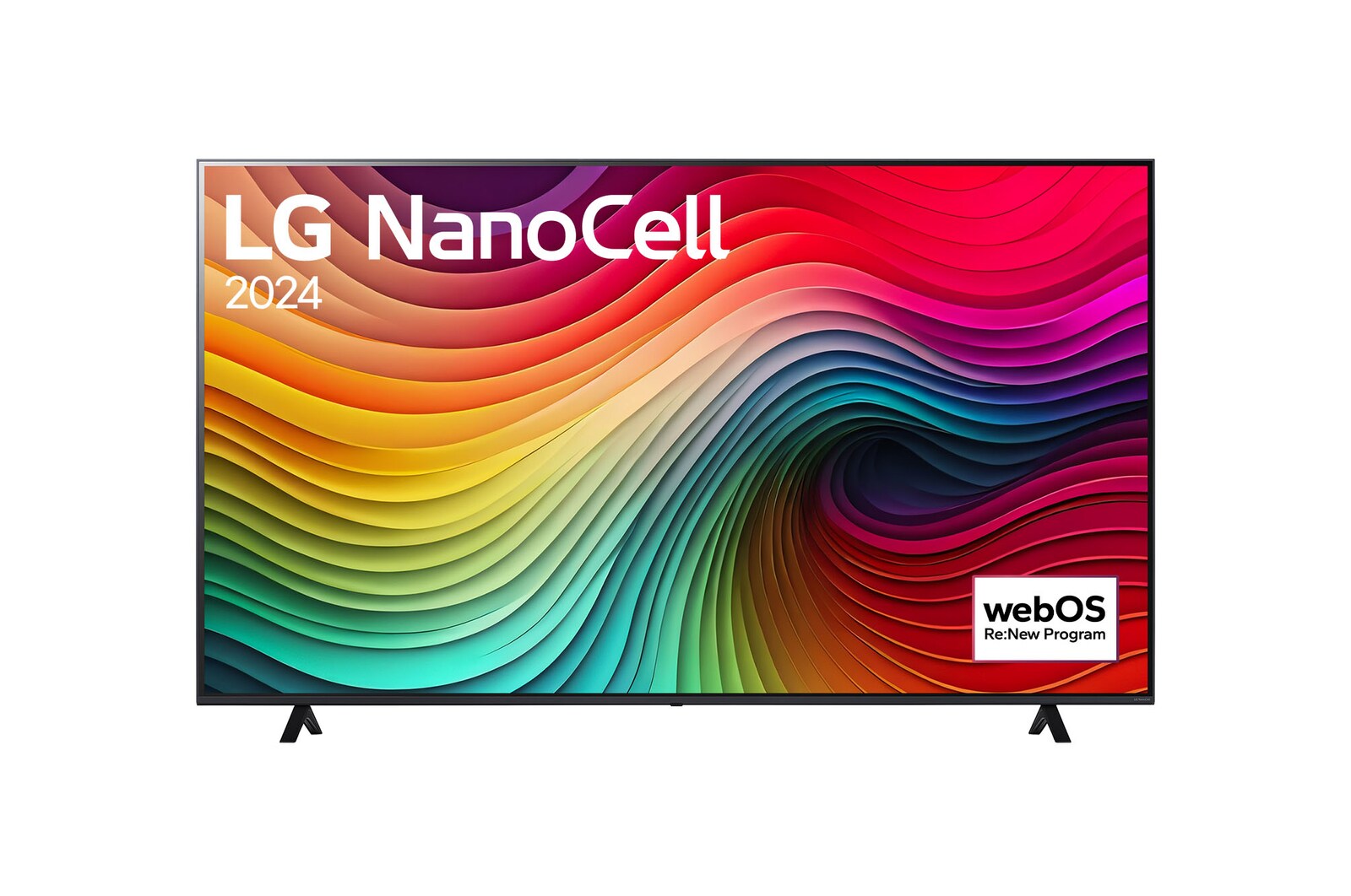 Vue de face du TV LG NanoCell, NANO81 avec le texte LG NanoCell, 2024 et le logo webOS Re:New Program à l’écran.