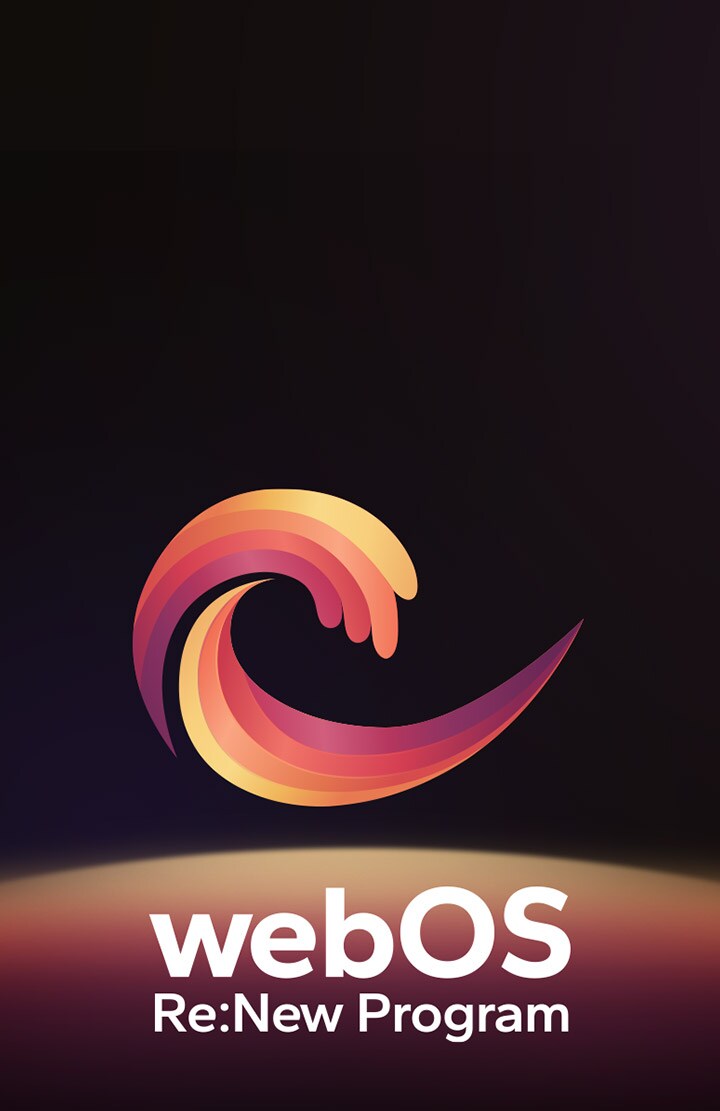 Le logo du webOS Re:New Program sur un fond noir avec une sphère circulaire jaune, orange et violette au bas.