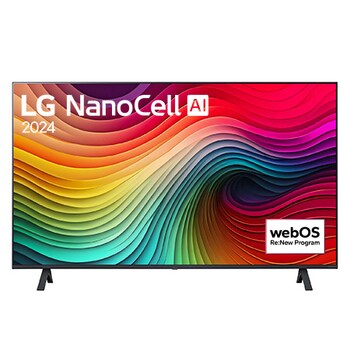 Vue de face du TV LG NanoCell, NANO81 avec le texte LG NanoCell, 2024 et le logo webOS Re:New Program à l’écran.