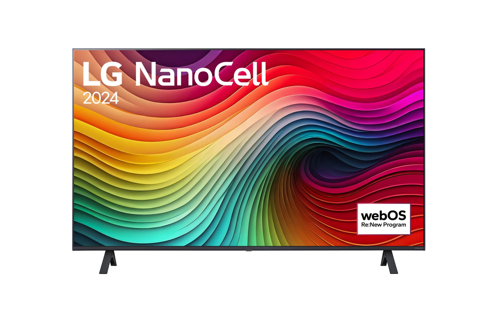 Vue de face du TV LG NanoCell, NANO81 avec le texte LG NanoCell, 2024 et le logo webOS Re:New Program à l’écran.