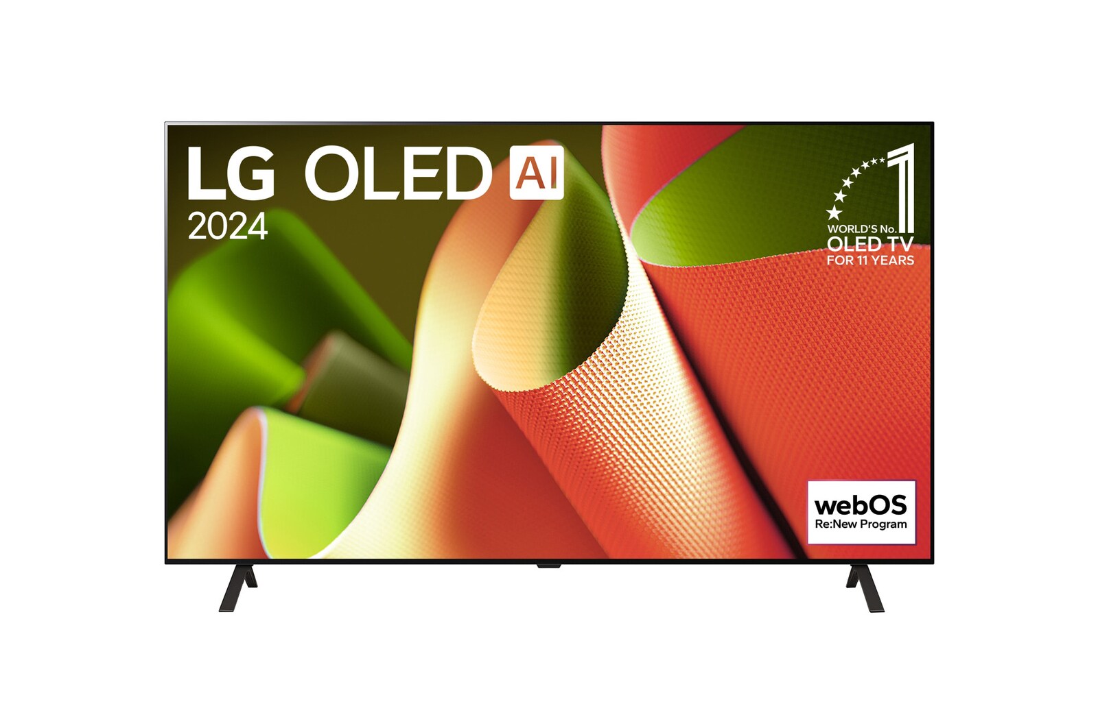 Vue de face de la TV OLED LG, OLED B4, logo de l’emblème OLED numéro 1 dans le monde pendant 11 ans et logo du programme webOS Re:New à l’écran.