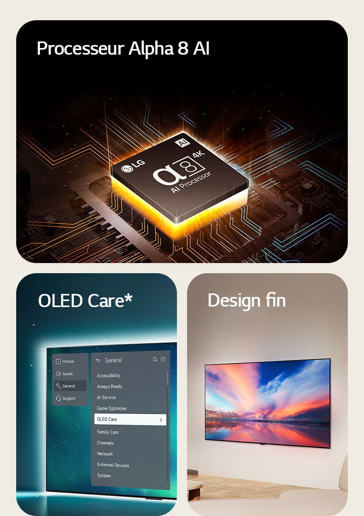 Le processeur alpha 8 AI de LG au-dessus d’une carte mère, émettant de la lumière orange.  Un TV OLED avec le menu OLED Care sélectionné dans le menu d’assistance affiché à l’écran. Le design fin en vue latérale, placé à plat contre le mur d'un espace de vie moderne.