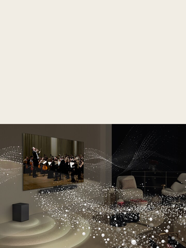 On voit le TV LG OLED et la barre de son LG* installés sur un mur dans un salon et les graphiques aux formes brillantes dans toute la pièce.