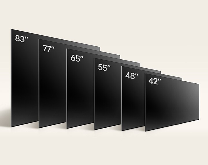 Comparaison des différentes tailles de TV OLED, OLED C4, montrant les OLED C4 42", OLED 48", OLED C4 55", OLED C4 65", OLED C4 77" et OLED C4 83".