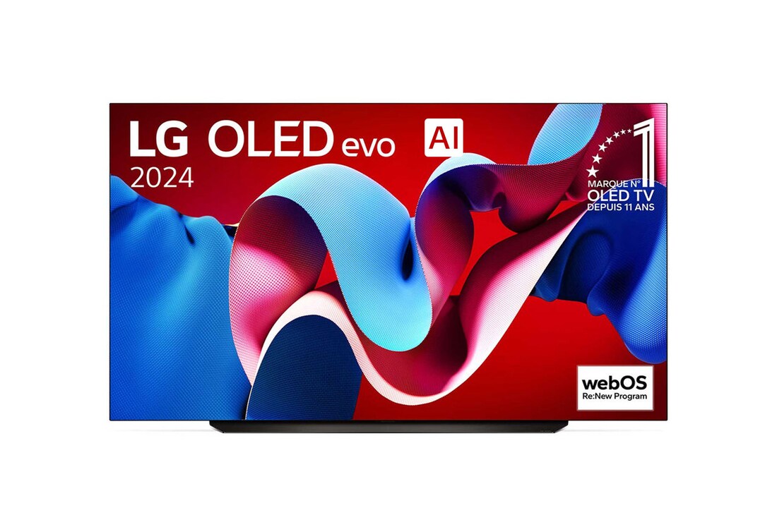 Vue de face avec la TV OLED evo LG, OLED C4, emblème OLED numéro 1 dans le monde pendant 11 ans et logo du programme webOS Re:New à l’écran.