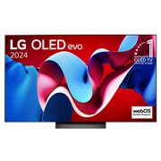 Vue de face de la TV OLED evo LG, OLED C4, logo de l’emblème OLED numéro 1 dans le monde pendant 11 ans et logo du programme webOS Re:New à l’écran.