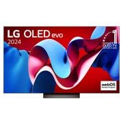 Vue de face de la TV OLED evo LG, OLED C4, logo de l’emblème OLED numéro 1 dans le monde pendant 11 ans et logo du programme webOS Re:New à l’écran.