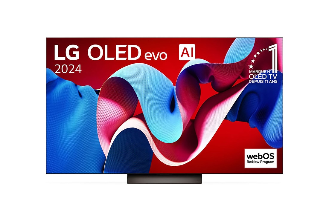 Vue de face de la TV OLED evo LG, OLED C4, logo de l’emblème OLED numéro 1 dans le monde pendant 11 ans et logo du programme webOS Re:New à l’écran.