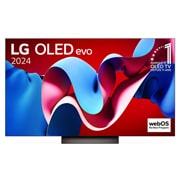 Vue de face de la TV OLED evo LG, OLED C4, logo de l’emblème OLED numéro 1 dans le monde pendant 11 ans et logo du programme webOS Re:New à l’écran.