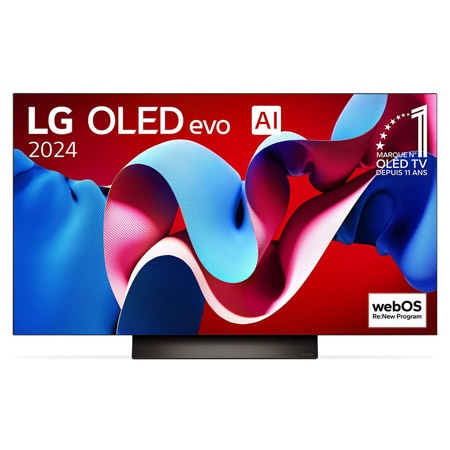 Vue de face avec la TV OLED evo LG, OLED C4, emblème OLED numéro 1 dans le monde pendant 11 ans et logo du programme webOS Re:New à l’écran.