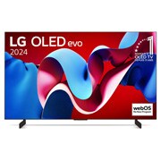Vue de face avec la TV OLED evo LG, OLED C4, emblème OLED numéro 1 dans le monde pendant 11 ans et logo du programme webOS Re:New à l’écran.