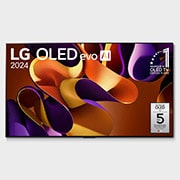 Vue de face avec la TV OLED evo LG, OLED G4, emblème OLED numéro 1 dans le monde pendant 11 ans et logo de la garantie de panneau de 5 ans à l’écran.