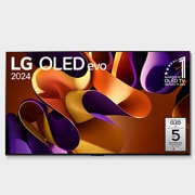 Vue de face avec la TV OLED evo LG, OLED G4, emblème OLED numéro 1 dans le monde pendant 11 ans et logo de la garantie de panneau de 5 ans à l’écran.