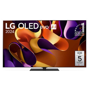 Front view with LG OLED evo TV, OLED G4, 11 Years of world number 1 OLED Emblem, and 5-Year Panel Warranty logo on screen