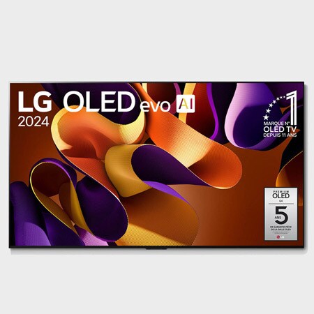 Front view with LG OLED evo TV, OLED G4, 11 Years of world number 1 OLED Emblem, and 5-Year Panel Warranty logo on screen