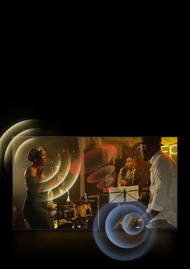 La TV OLED LG M montre des musiciens en train de jouer, avec des graphiques circulaires brillants autour des micros et des instruments.