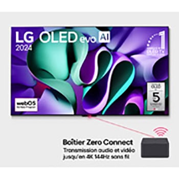 Vue de face avec une TV LG OLED evo AI, OLED  M4, emblème OLED numéro 1 dans le monde pendant 11 ans, logo du programme webOS Re:New et boîtier Zero Connect avec transfert audio et vidéo sans fil 4K 144 Hz connecté à une TV, et un signal WiFi émis par le boîtier.
