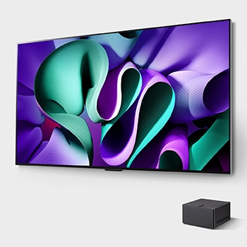 Vue latérale orientée vers la gauche de la TV LG OLED evo, OLED M4 sur le mur et d’un boîtier Zero Connect placé sous la TV