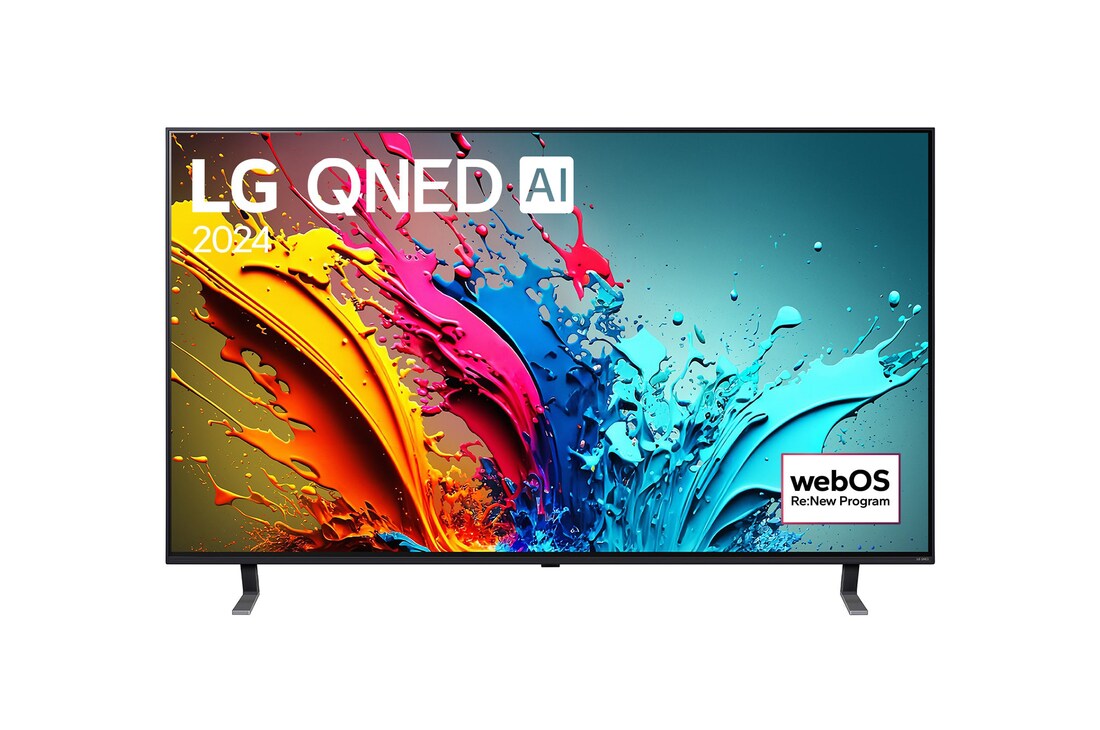 Vue de face du TV LG QNED, série QNED85 avec le texte LG QNED, 2024 et le logo webOS Re:New Program à l’écran.