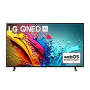 Vue de face du TV LG QNED, série QNED85 avec le texte LG QNED, 2024 et le logo webOS Re:New Program à l’écran.