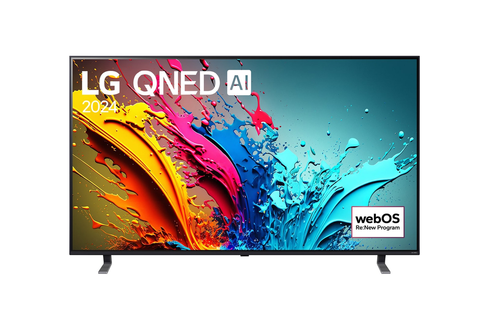 Vue de face du TV LG QNED, série QNED85 avec le texte LG QNED, 2024 et le logo webOS Re:New Program à l’écran.