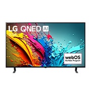 Vue de face de la TV LG QNED, QNED85 avec le texte LG QNED, 2024 et le logo webOS Re:New Program à l’écran.