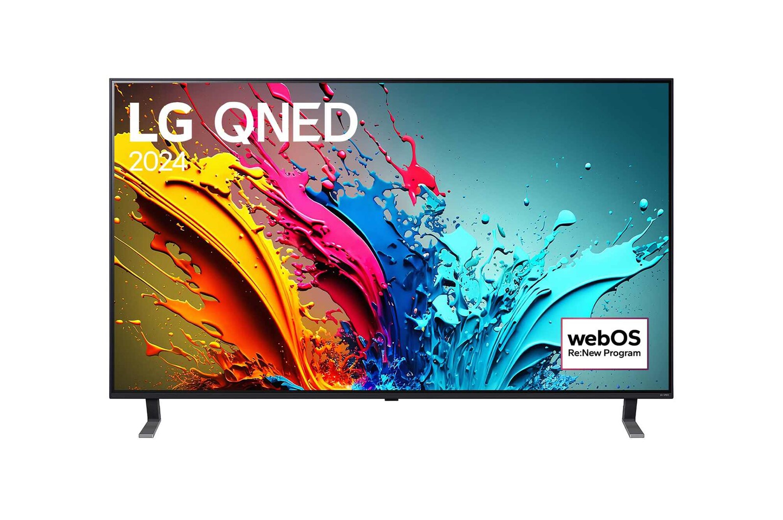 Vue de face de la TV LG QNED, QNED85 avec le texte LG QNED, 2024 et le logo webOS Re:New Program à l’écran.