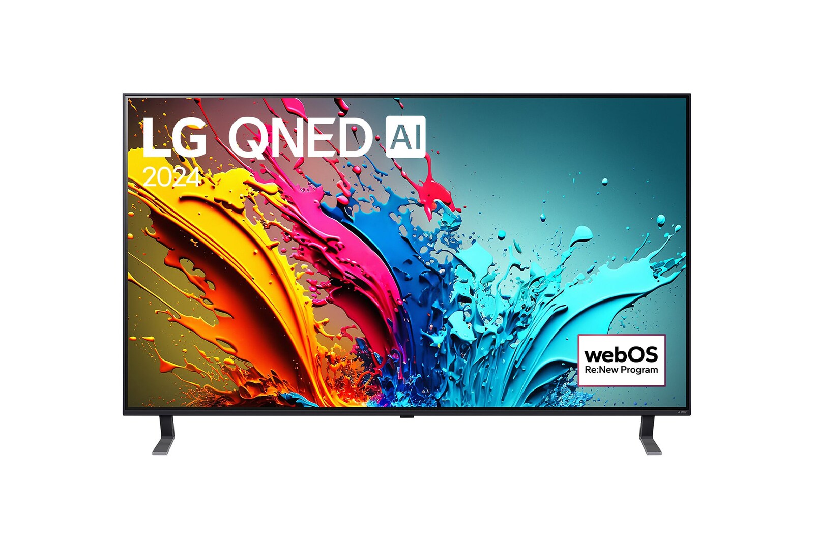 Vue de face du TV LG QNED, série QNED85 avec le texte LG QNED, 2024 et le logo webOS Re:New Program à l’écran.