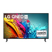 Vue de face du TV LG QNED, série QNED85 avec le texte LG QNED, 2024 et le logo webOS Re:New Program à l’écran.