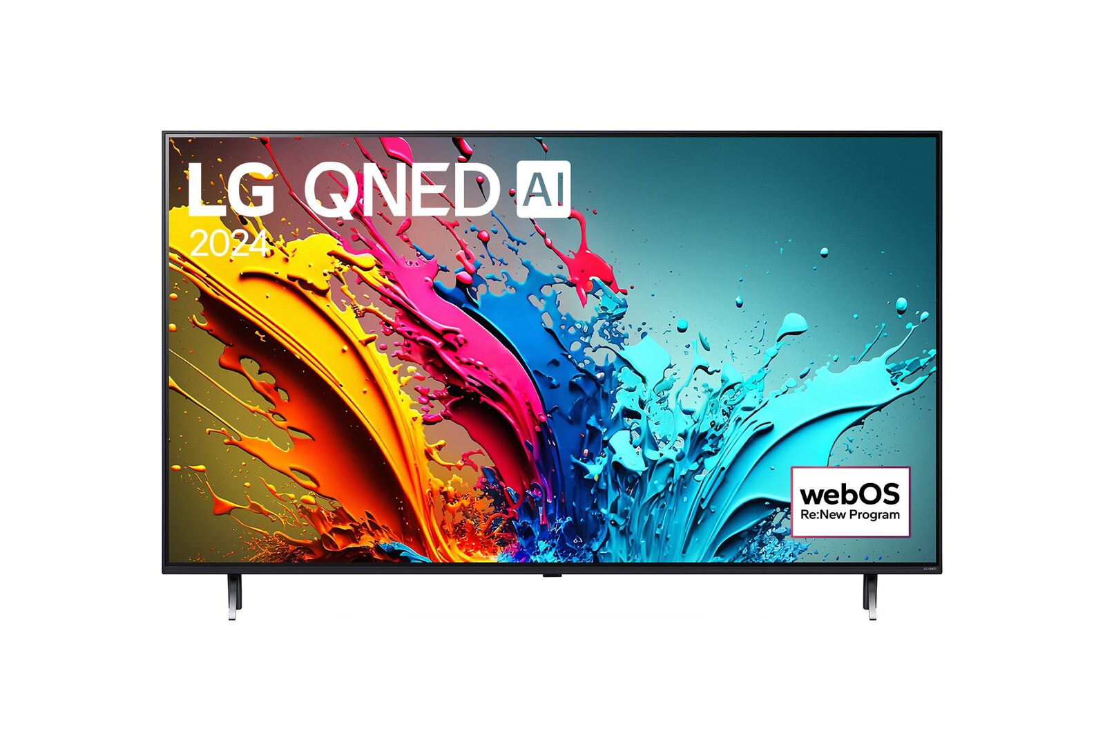 Vue de face de la TV LG QNED, QNED85 avec le texte LG QNED, 2024 et le logo webOS Re:New Program à l’écran.