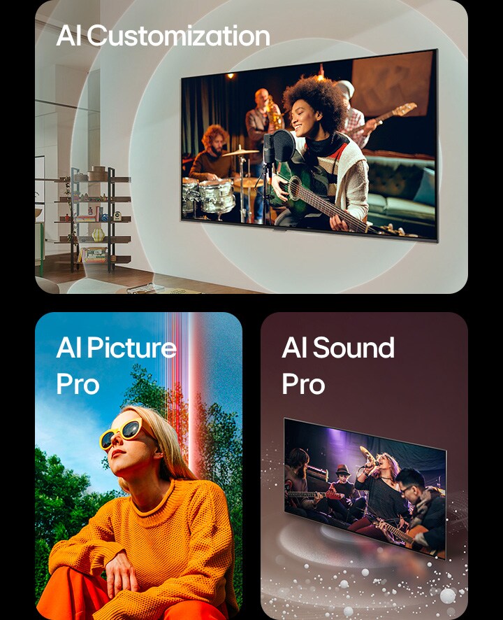 Un TV LG installé sur un mur dans un salon avec un guitariste à l’écran, tandis que des graphiques circulaires concentriques représentent les ondes sonores et les mots « AI Customization » apparaissent en haut à gauche. Une femme accroupie à l’extérieur lors d’une journée ensoleillée, face à des arbres et un ciel bleu, avec les mots « AI Picture Pro » en haut à gauche. Une TV LG avec des bulles et ondes sonores émises depuis l’écran qui remplissent l’espace et les mots « AI Sound Pro » apparaissant en haut à gauche. 