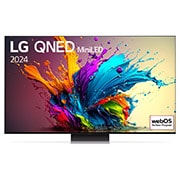 Vue de face de la TV LG QNED, QNED90 avec le texte LG QNED MiniLED, 2024 et le logo webOS Re:New Program à l’écran.