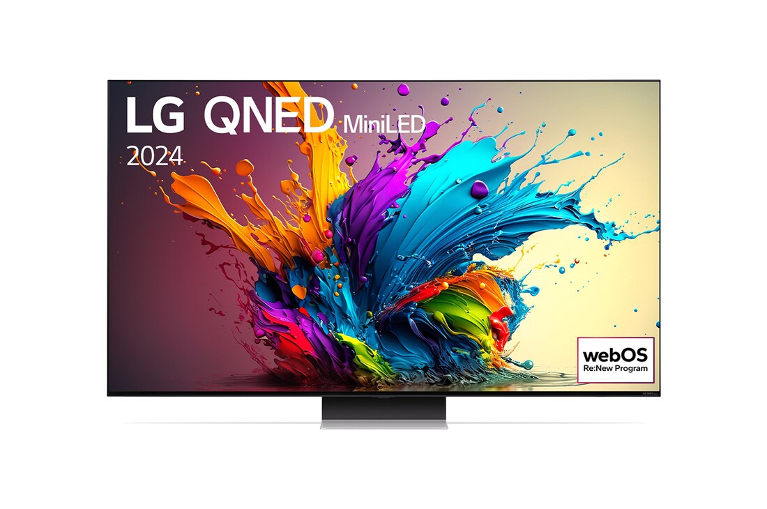 Vue de face de la TV LG QNED, QNED90 avec le texte LG QNED MiniLED, 2024 et le logo webOS Re:New Program à l’écran.