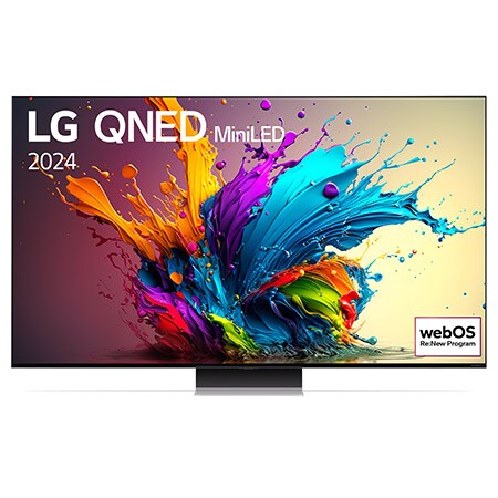 Vue de face de la TV LG QNED, QNED90 avec le texte LG QNED MiniLED, 2024 et le logo webOS Re:New Program à l’écran.