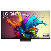 Vue de face de la TV LG QNED, QNED90 avec le texte LG QNED MiniLED, 2024 et le logo webOS Re:New Program à l’écran.