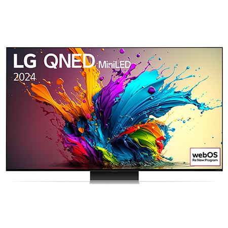 Vue de face de la TV LG QNED, QNED90 avec le texte LG QNED MiniLED, 2024 et le logo webOS Re:New Program à l’écran.