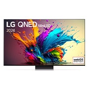 Vue de face du TV LG QNED, QNED91 avec le texte LG QNED MiniLED, 2024 et le logo webOS Re:New Program à l’écran.