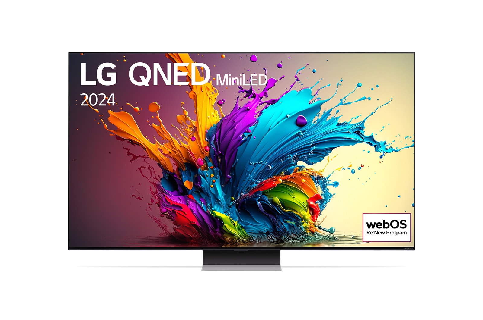 Vue de face du TV LG QNED, QNED91 avec le texte LG QNED MiniLED, 2024 et le logo webOS Re:New Program à l’écran.