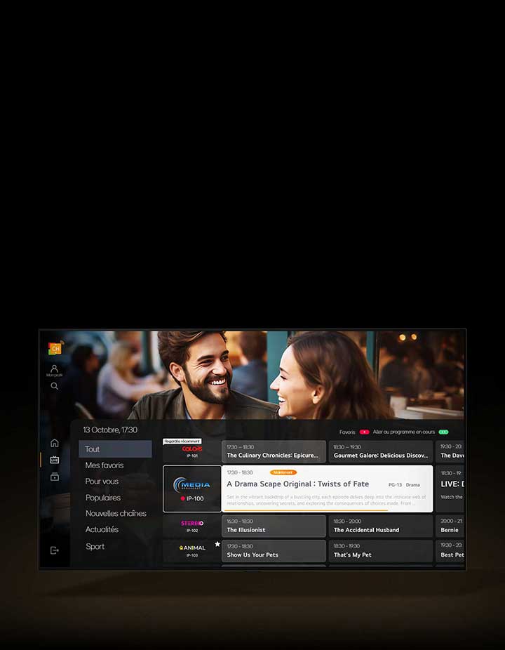 Un TV LG laisse apparaître un programme de TV sur la série TV en cours de visionnage. 