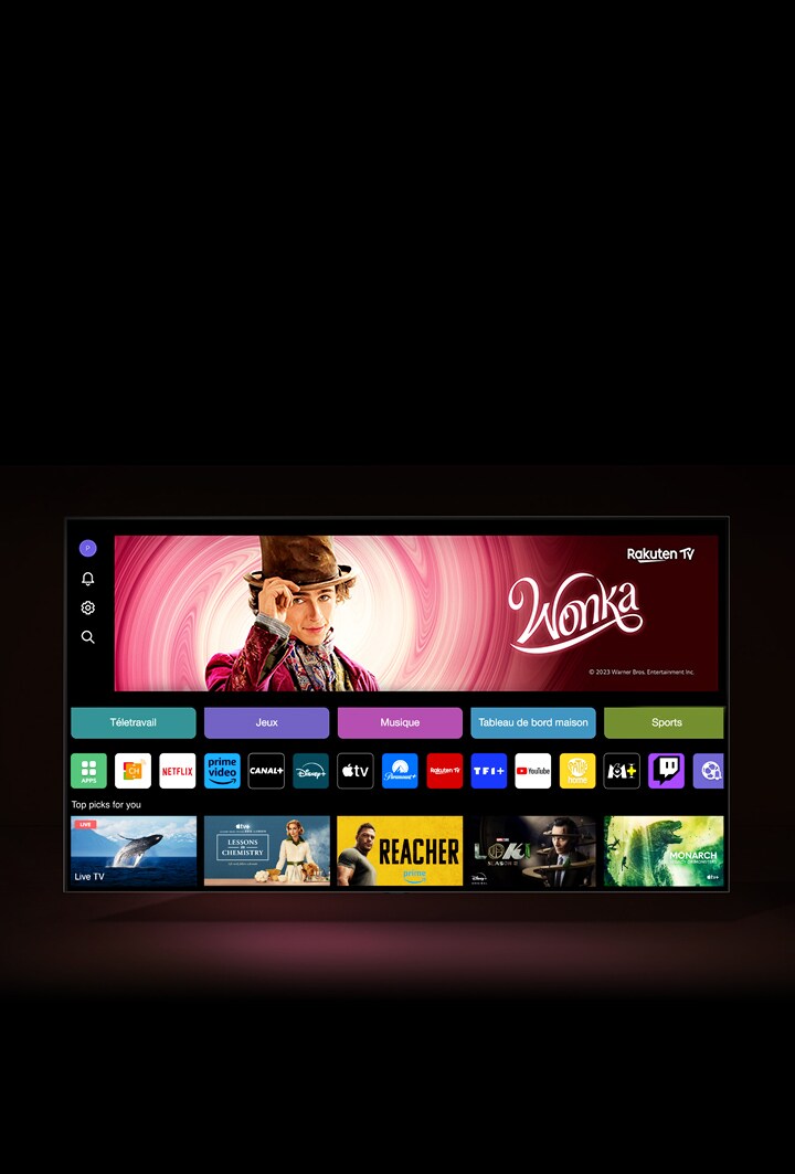 L’écran d’accueil de streaming montre toutes les applications, catégories et contenus recommandés.