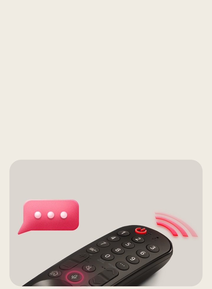 Une LG Magic Remote avec le bouton circulaire au milieu, tandis qu’une lumière rose vif émane autour du bouton pour le mettre en valeur. Un signal rose émane de la télécommande avec une bulle de dialogue rose au-dessus de la LG Magic Remote.