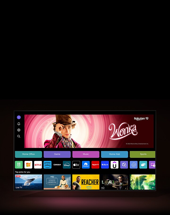 L’écran d’accueil de streaming montre toutes les applications, catégories et contenus recommandés.