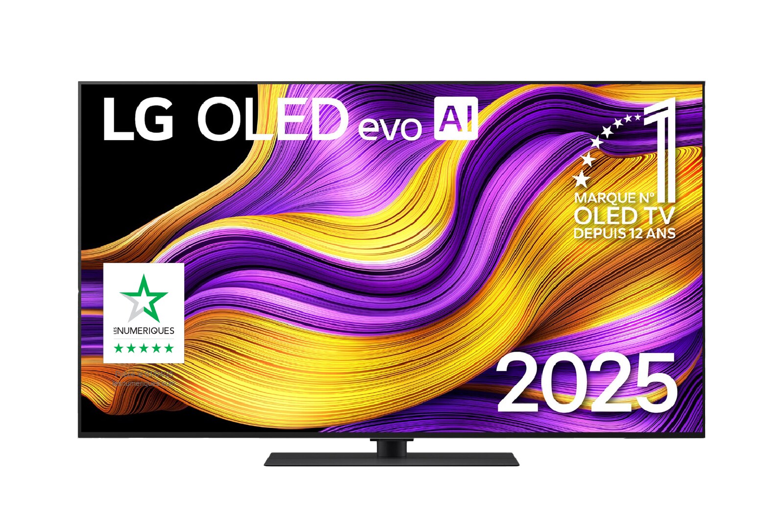 Front view of LG OLED evo AI G5 4K Smart TV. 12 Years of world number 1 OLED emblem and LG OLED evo AI 2025 logo are on the screen.